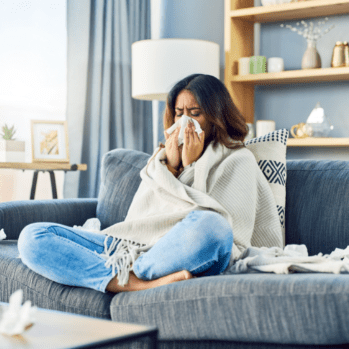 woman sick at home, clean personal workplace